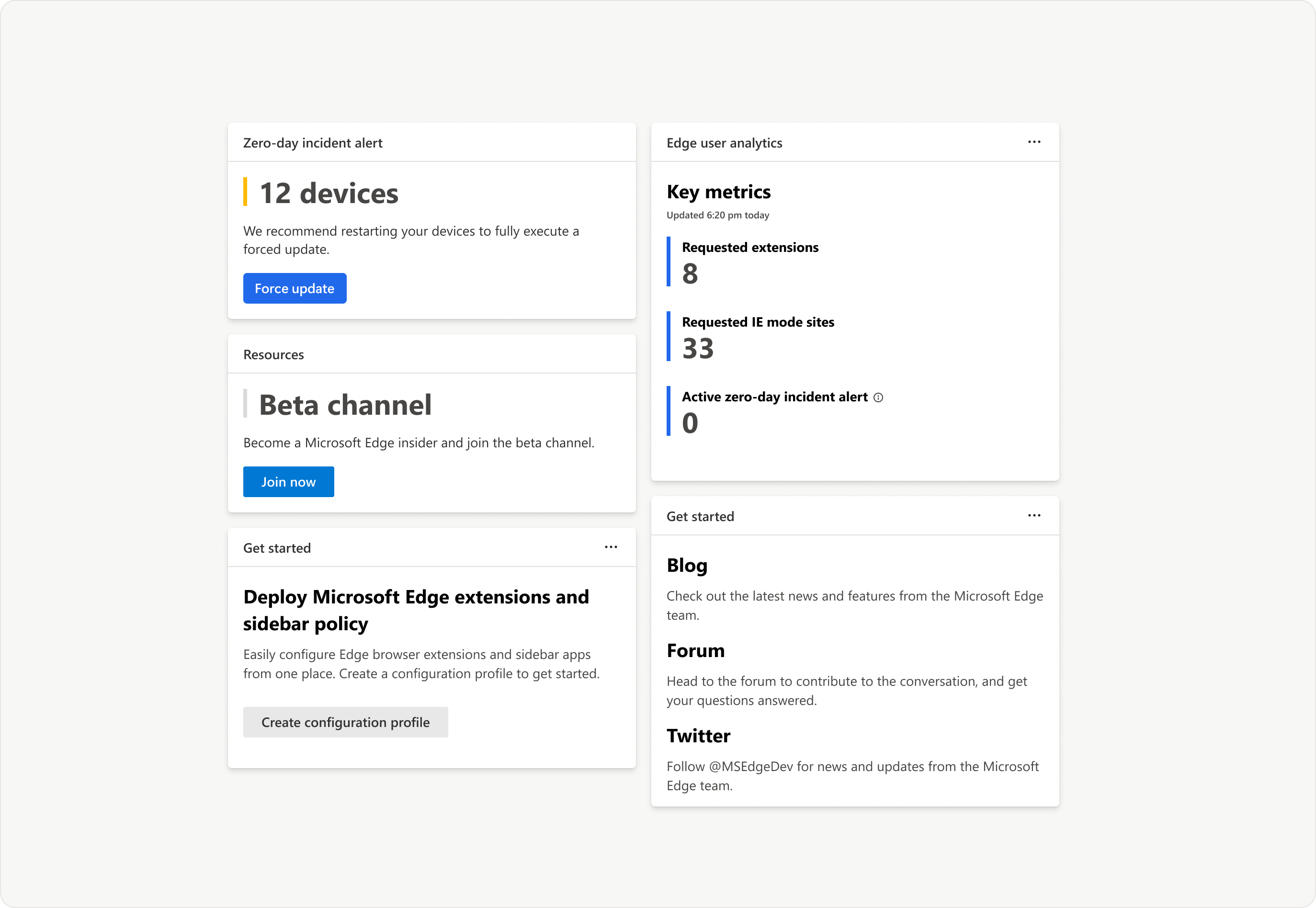 Modular action cards dashboard