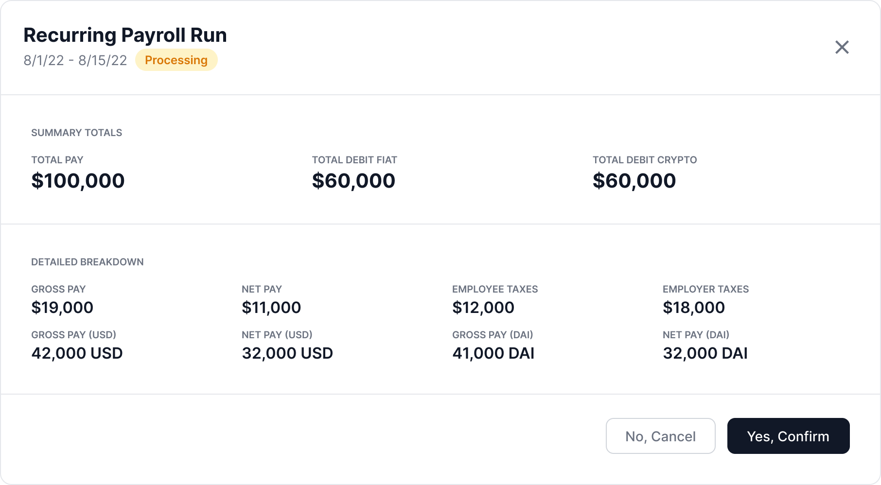 Recurring payroll run confirmation modal